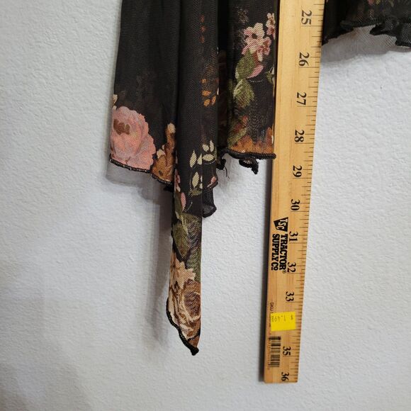 Black Sheer Floral Chiffon Blouse Tunic Handkerchief Hem Fairycore Whimsygoth L - Picture 9 of 9